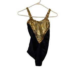 Adult Large 1 piece Bodysuit Leotard Black Gold Sequined Sleeveless Sparkle Blin